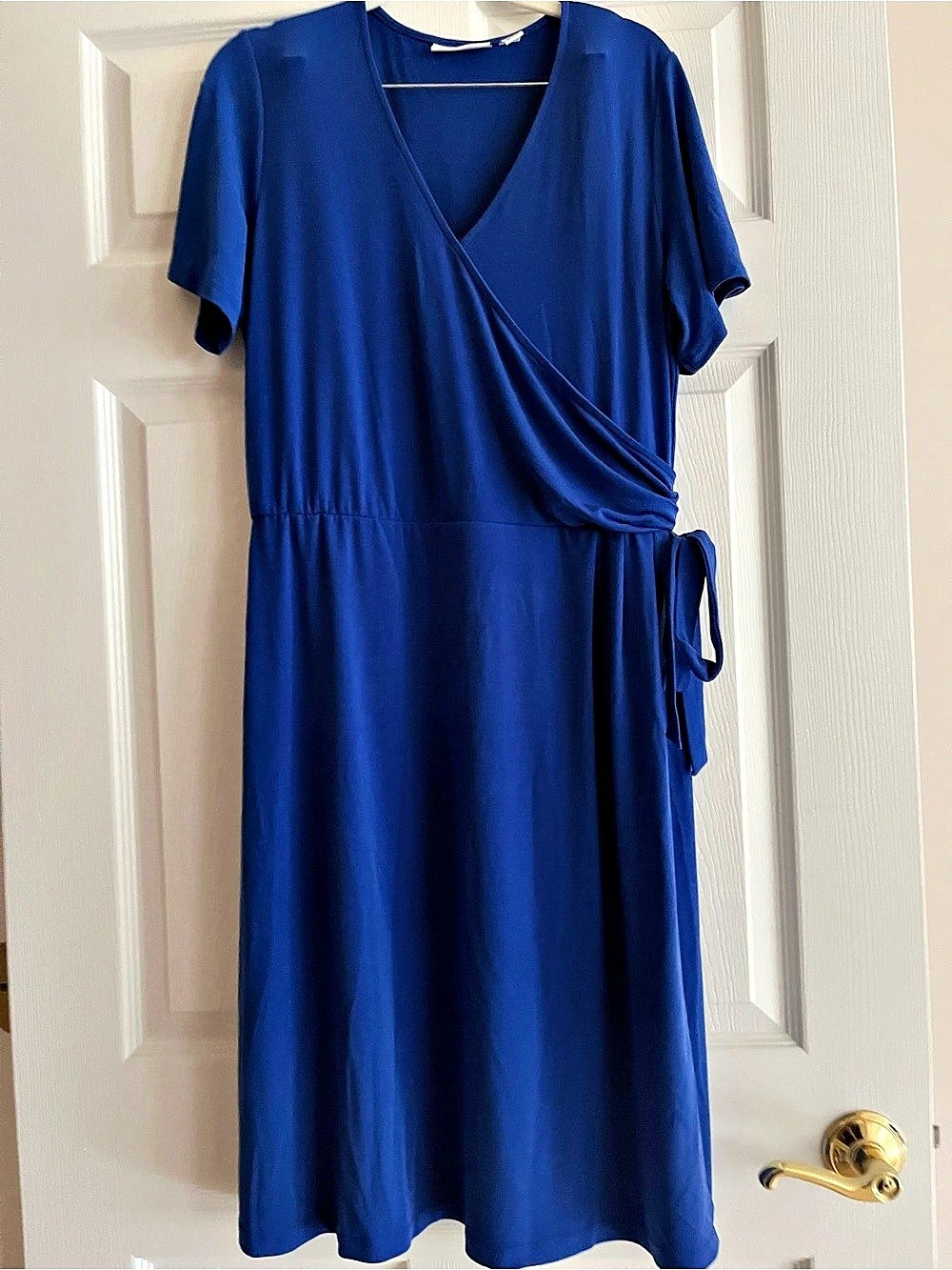 Susan Graver Liquid Knit Faux Wrap Dress Midi Dress Blue Medium